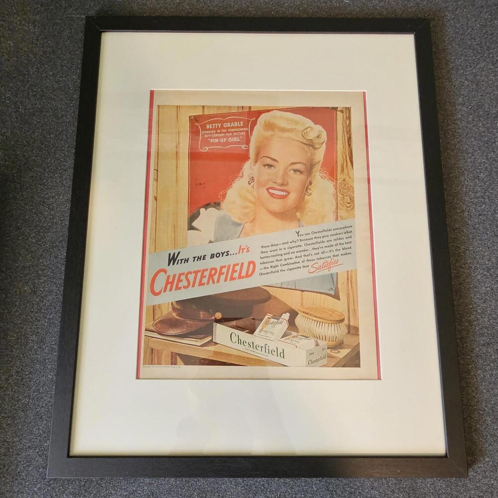 Framed WWII Chesterfield Cigarettes Ad 1944 Betty Grable Pin-Up 21x17" Decor